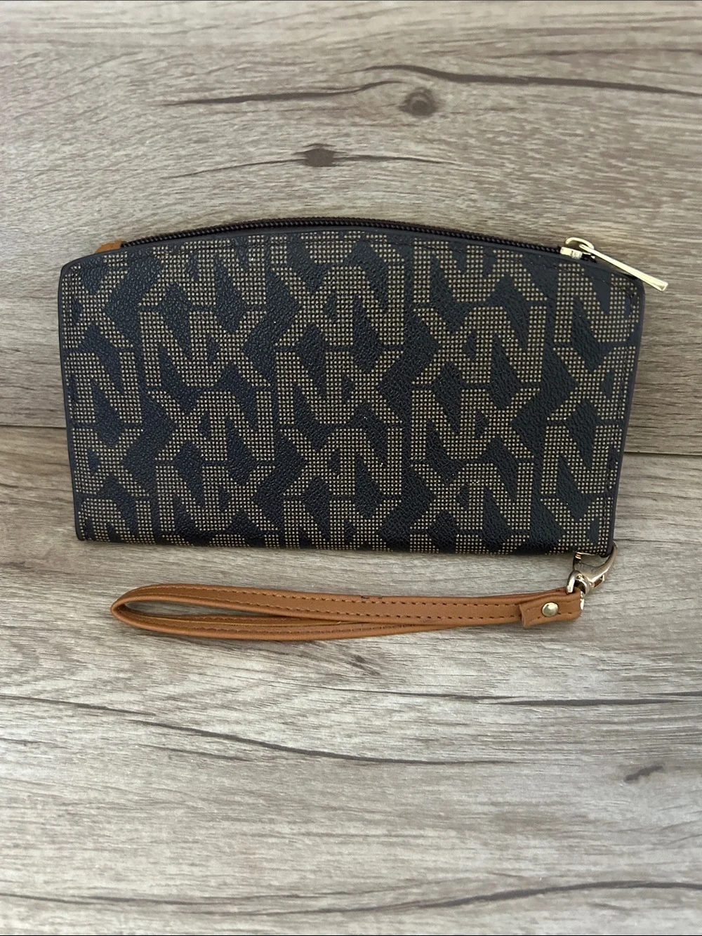Tan and Black Patterned Wristlet Clutch